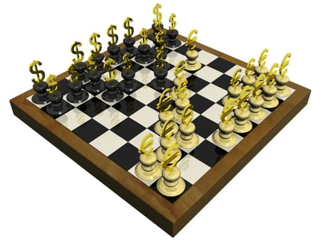 Chessboard on which instead of chessmen there 
are dollar and euro.(Chess money concept 3d).