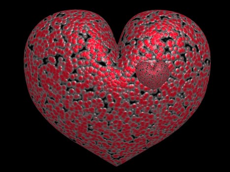 One red heart in other on a black background.
3d rendering.