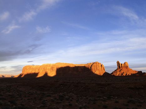 Scenic landscape of mesas in Monument Valley near the border of Arizona and Utah, United States.