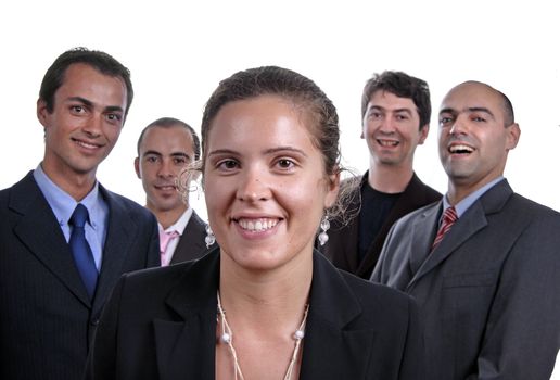 business team, isolated on white background, focus on the woman