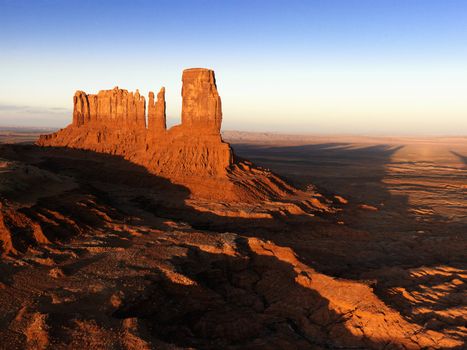 Scenic landscape of mesas in Monument Valley near the border of Arizona and Utah, United States.
