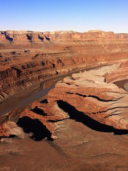 Aerial landscape of river canyon in Canyonlands National Park, Utah, United States.