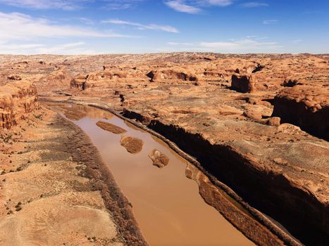 Aerial landscape of river in Canyonlands National Park, Moab, Utah, United States.