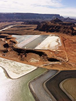 Aerial landscape of tailing ponds for mineral waste in rural Utah, United States.