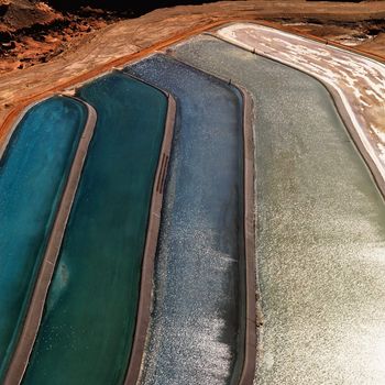 Aerial detail of tailing ponds for mineral waste in rural Utah, United States.