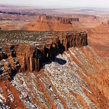 Aerial landscape of mesas in Canyonlands National Park, Moab, Utah, United States.