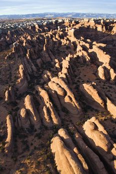 Aerial landscape of canyon in Arches National Park, Utah, United States.