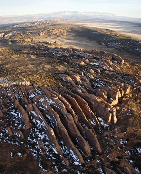Aerial landscape of canyon in Arches National Park, Utah, United States.