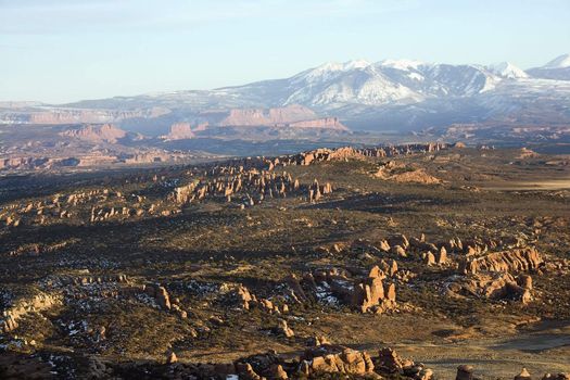 Aerial landscape of wide canyon in Arches National Park, Utah, United States.