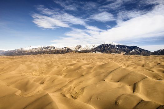 Aerial landscape of sand dunes in Great Sand Dunes National Park, Colorado.