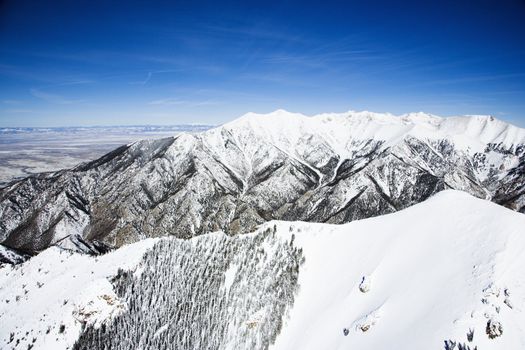 Aerial scenic of snowy Sangre De Cristo Mountains, Colorado, United States in winter.