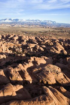 Aerial landscape of canyon in Arches National Park, Utah, United States.