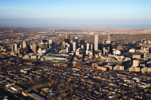 Aerial cityscape of urban Denver, Colorado, United States.