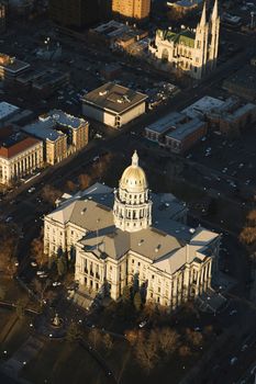 Aerial landscape of Denver, Colorado's State Capitol building, United States.