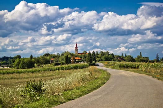 Beautiful green village  scenery landscape in spring time under cloudy sky, Mali Raven, Croatia