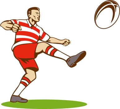 illustration of a rugby player kicking ball front view with sunburst in background done in retro style