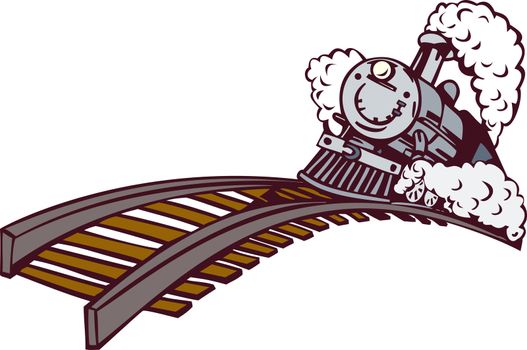 illustration of a steam train locomotive coming up on railroad done in retro style on isolated background