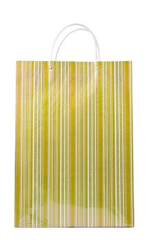 A fancy golden striped shopping bag isolated over white.