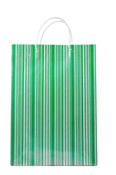 A fancy green striped shopping bag isolated over white.