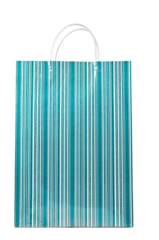 A fancy turquoise striped shopping bag isolated over white.