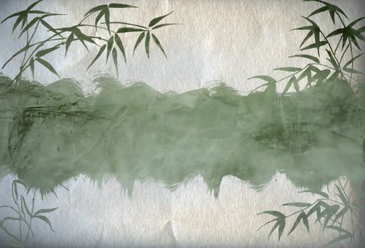 Grungy Background.old paper with bamboo branches