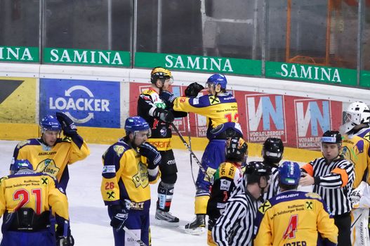ZELL AM SEE, AUSTRIA - FEB 22: Austrian National League. One of many fights in penalty filled game. Game EK Zell am See vs. VEU Feldkirch (Result 3-1) on February 22, 2011 at hockey rink of Zell am See