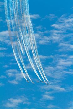 MALAGA, SPAIN-MAY 28: Aircrafts of the Patrulla Aguila taking part in an exhibition on the day of the spanish army forces on May 28, 2011, in Malaga, Spain