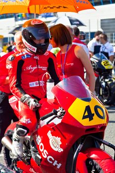 JEREZ DE LA FRONTERA, SPAIN - APR 17: Moto2 motorcyclist Roman Ramos waiting on the starting gates in the CEV Championship race on April 17, 2011 in Jerez de la Frontera, Spain.n Jerez de la Frontera, Spain.