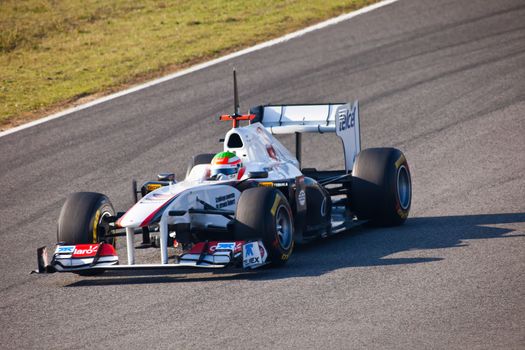 JEREZ DE LA FRONTERA, SPAIN - FEB 10: Sergio Perez of Sauber F1 races on training session on February 10 , 2011, in Jerez de la Frontera , Spain
