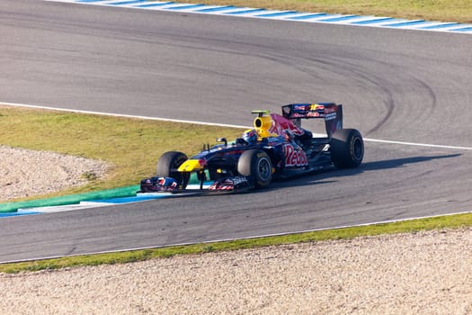 JEREZ DE LA FRONTERA, SPAIN - FEB 10: Mark Webber of Red
Bull Racing F1 takes a curve on training sesssion on  February 10 , 2011, in Jerez de la Frontera , Spain
