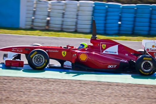 JEREZ DE LA FRONTERA, SPAIN - FEB 10: Felipe Massa of Ferrari F1 races on training session on February 10 , 2011, in Jerez de la Frontera , Spain