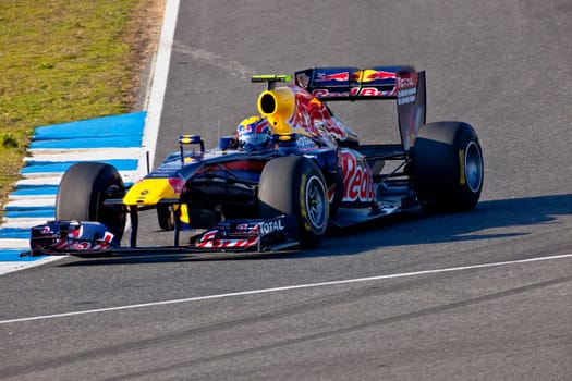 JEREZ DE LA FRONTERA, SPAIN - FEB 11: Mark Webber of Red
Bull Racing F1 takes a curve on training session on February 11 , 2011, in Jerez de la Frontera , Spain