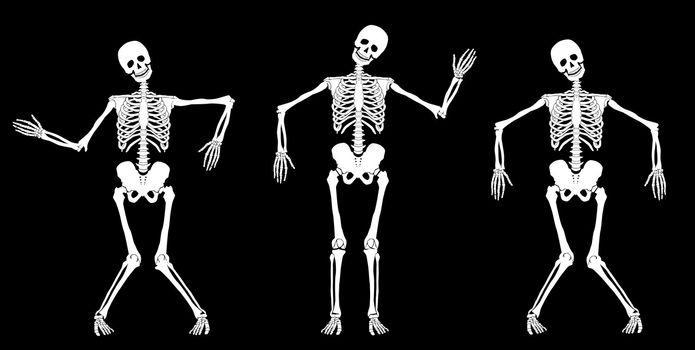 White dancing skeletons on black. Set #1. Vector
