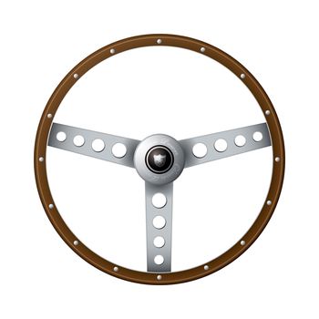 Wooden rim steering wheel with classic metal arms and rivets