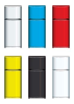 Collection of brightly coloured modern fridges
