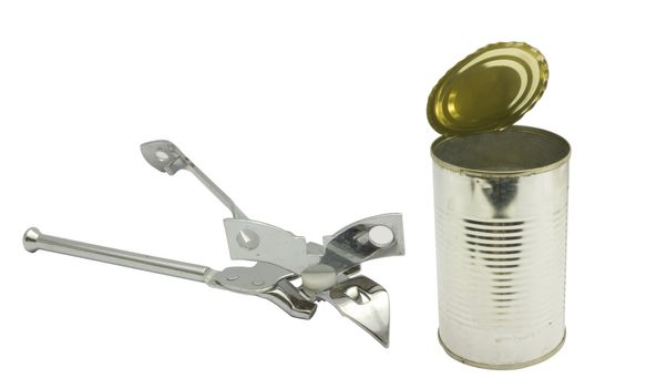 a can opener and a opened tin can, to illustrate solution concept, both items are with clipping path.