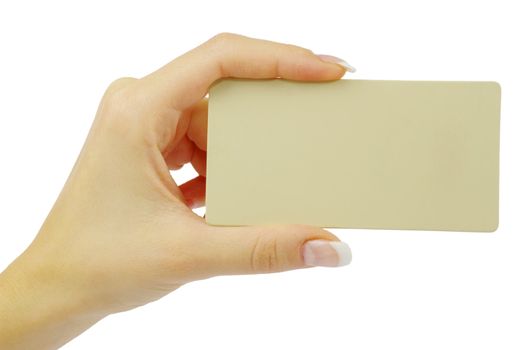 card blank in a hand isolated on white