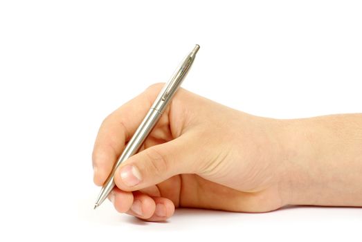 Hand and pen on the white background