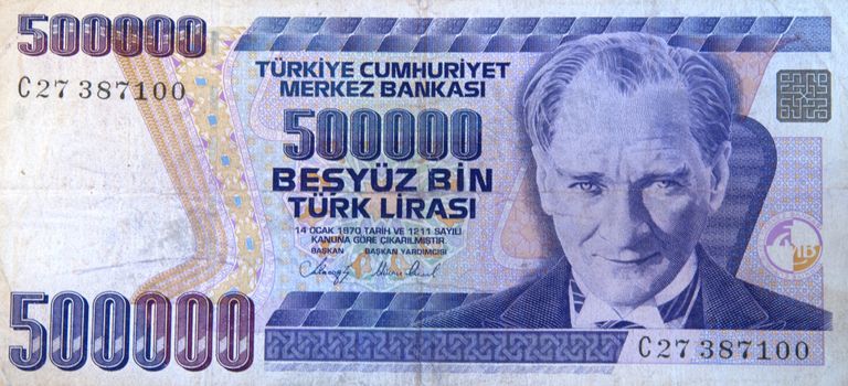 An Old Turkish 500000 Lira Banknote Circa 1993 isolated on black background
