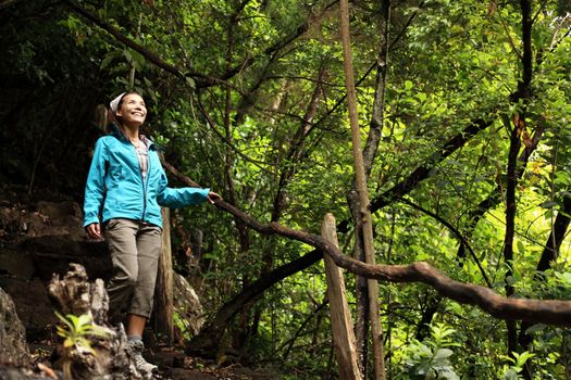 Hiking La Palma, Canary Islands. Woman hiker enjoying Los Tilos Laurel Rain Forest on La Palma