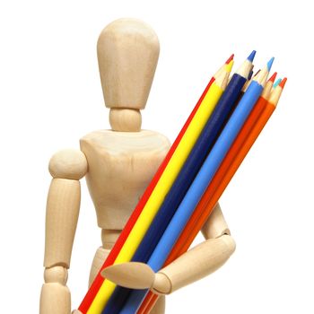 A wood mannequin holds a pencil crayons for the artist.