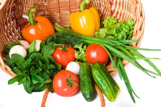 Basket with vegetables isolated on white background.