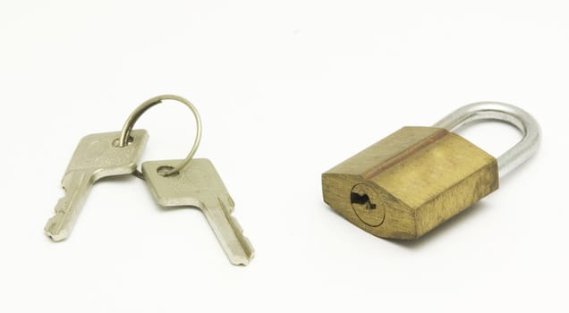 a pair of key and padlock, isolated on white.