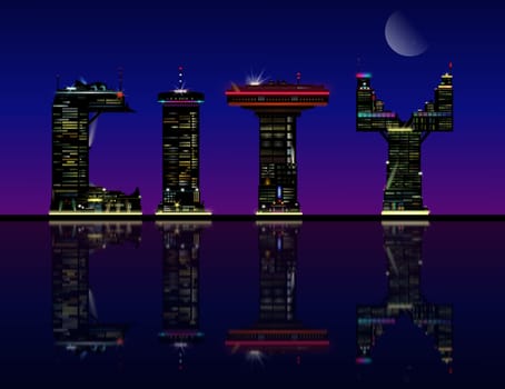 Illustration depicting a silhouetted city skyline in the shape of the word 'city' and reflecting into the foreground.