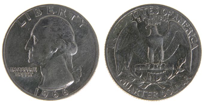 Both sides of an old (1966) US quarter, isolated on a white background.