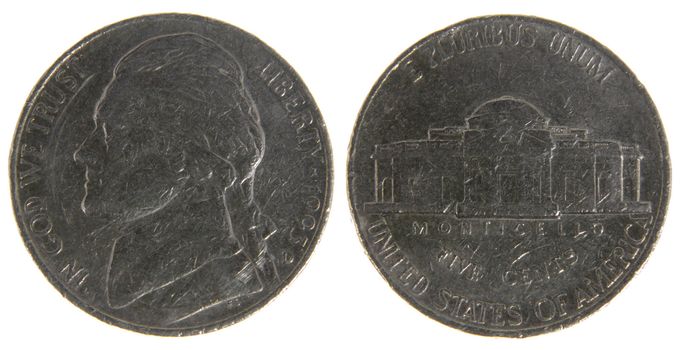 Both sides of an old (1993) US nickel, isolated on a white background.
