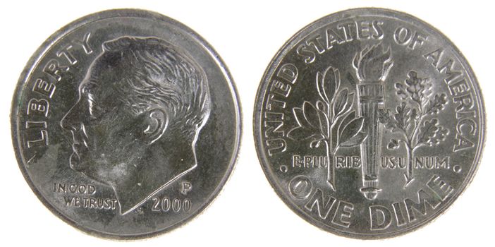 Both sides of a (2000) US dime, isolated on a white background.
