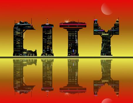Illustration depicting a silhouetted city skyline in the shape of the word 'city' and reflecting into the foreground.