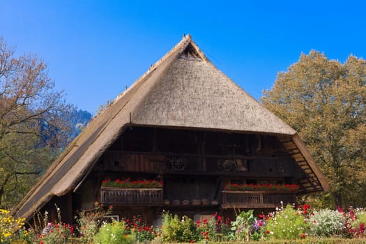 Historic thatched roof farm house of Black Forest in rural Germany.