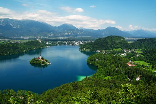 Panoramic view of  St. Mary´s Church of the Assumptionon on a small island in Bled, Slovenia